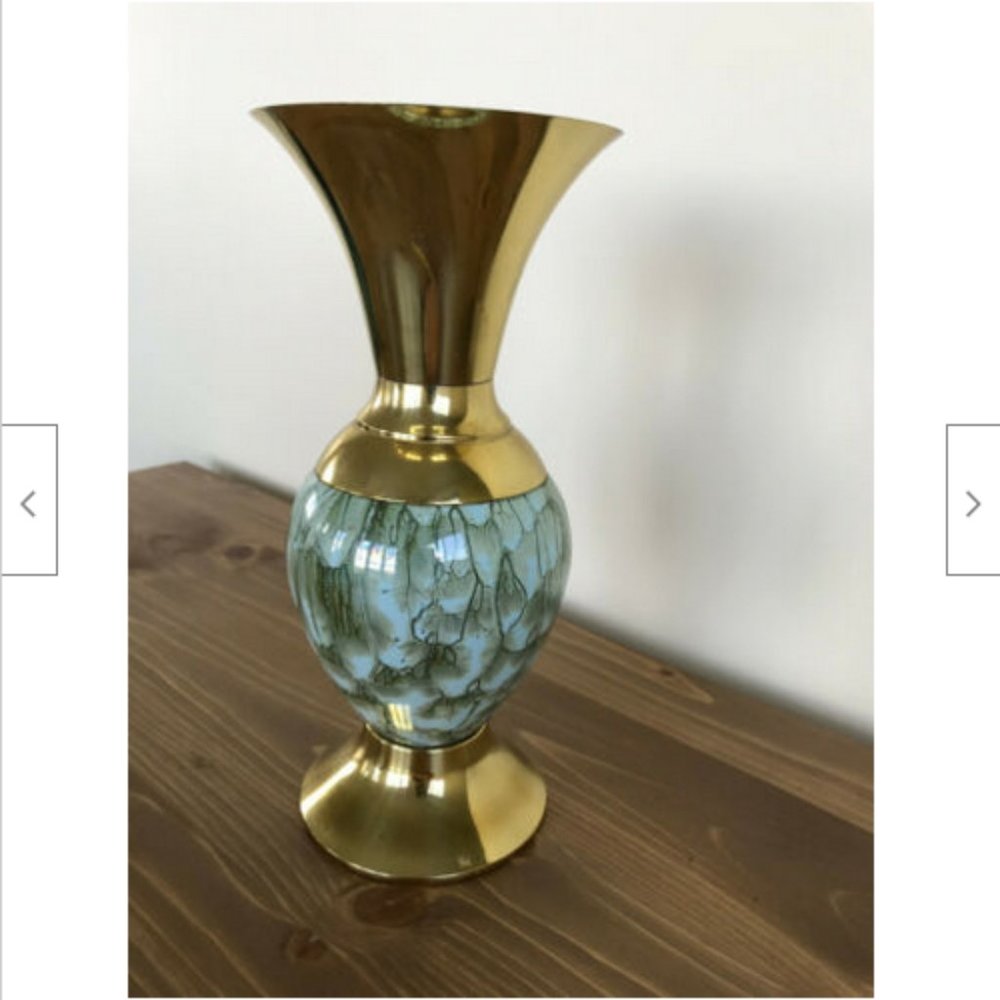 Brass Delft Vase Aqua Green Ceramic Vintage Made in Holland 9.75" Tall